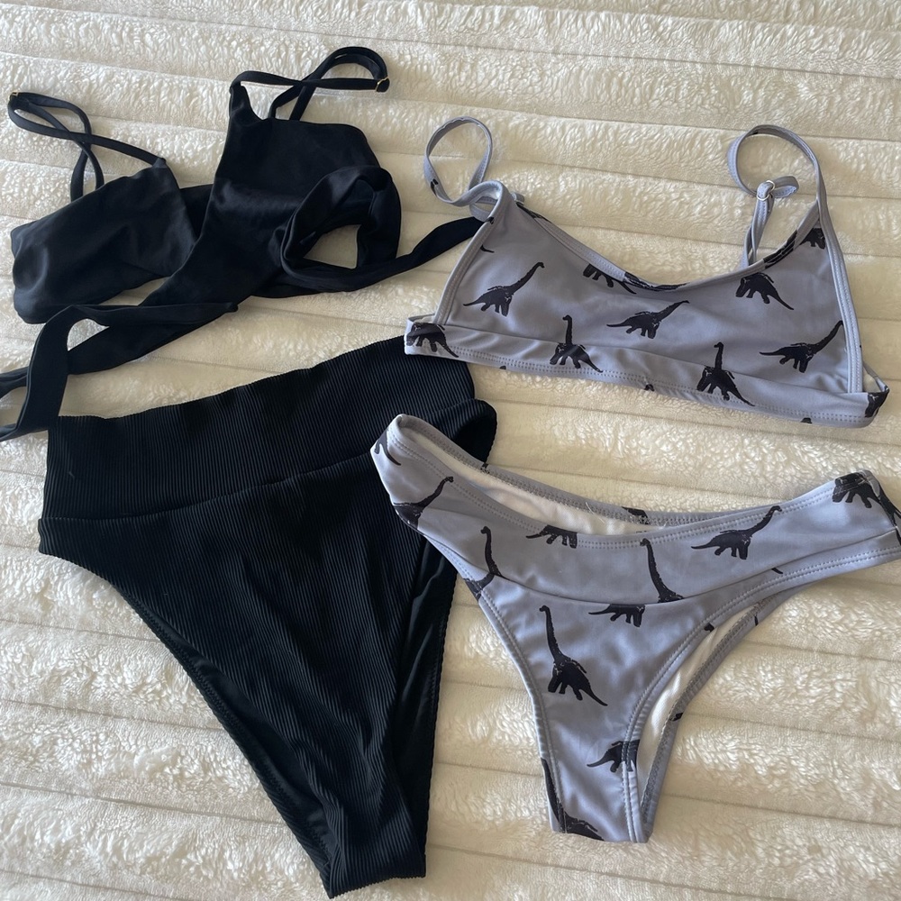 TWO swimsuits! Mix and match  Dinosaur bikini set & Black High-Waist set